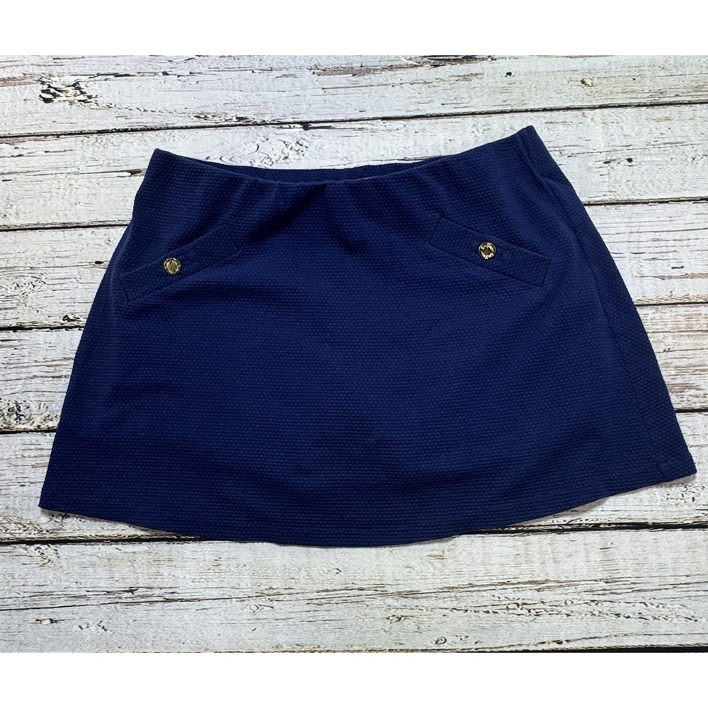 Lilly Pulitzer Madison Skort Womens Large Textured Navy Blue Gold Button Pull On